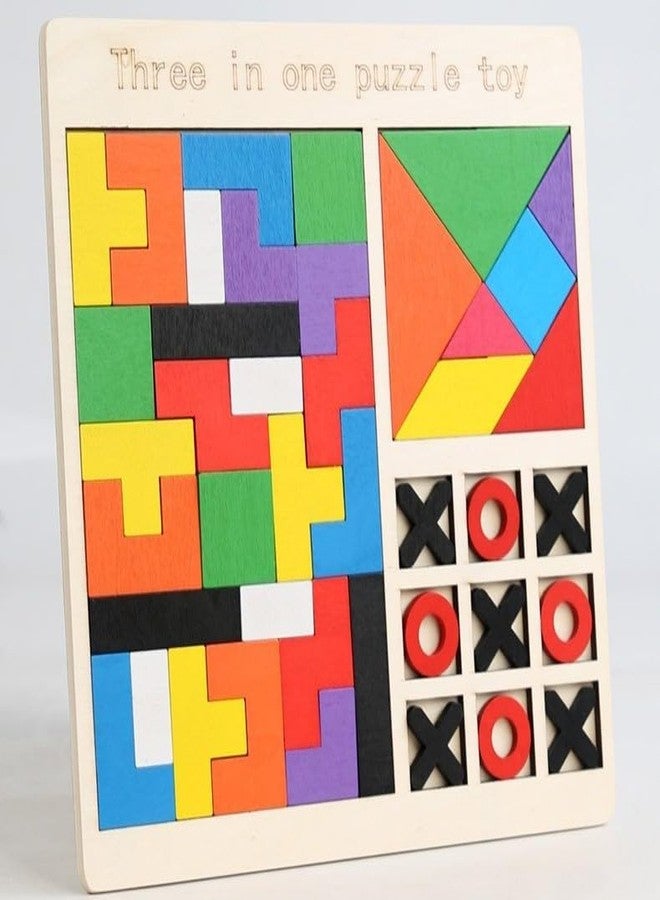 VMZONE 3-in-1 WVooden Puzzle Toy for Kids Tetris Tangram Tic Tac Toe Board Montessori Educational Brain Development Toys for 3-7 Years Logic & IQ Game Xmas Gift for Boys Girls Christmas Learning Toy - Image 1
